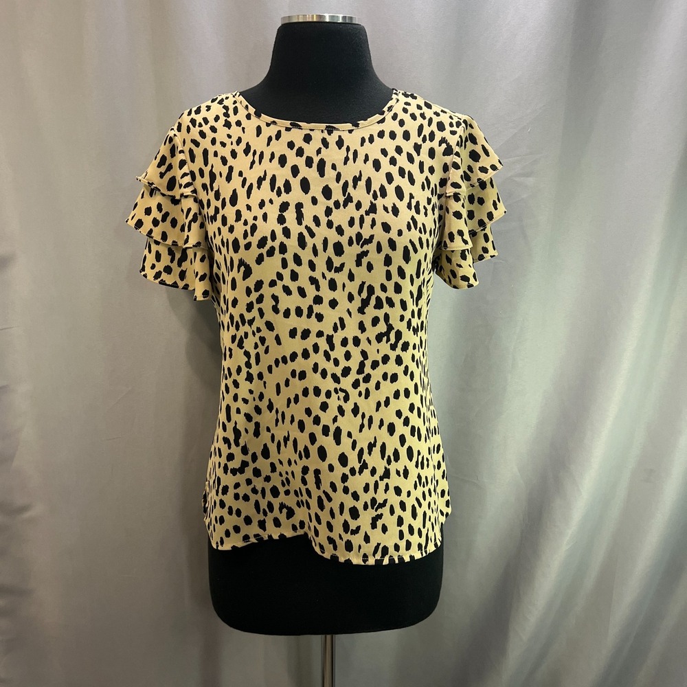 Vince Camuto Blouse Womens XS Beige Leopard Print Keyhole Back Ruffled Sleeves